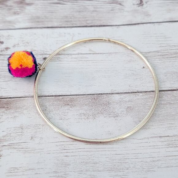 Vintage Bracelet 9" Gold Tone Bangle with Fluffy Multi Colored Ball Charm - Picture 2 of 10